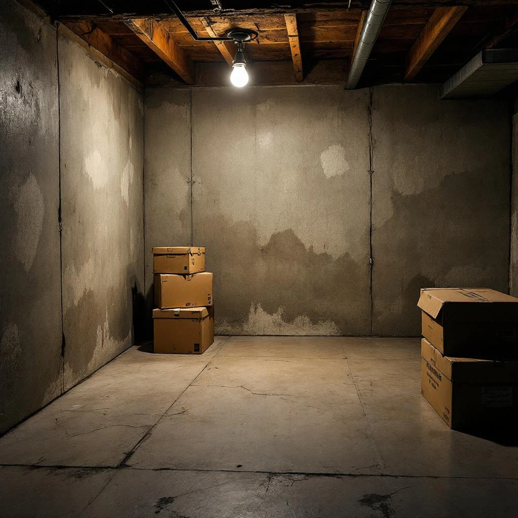 Cave belge avec murs humides et traces d'infiltration - probleme typique necessitant un traitement professionnel