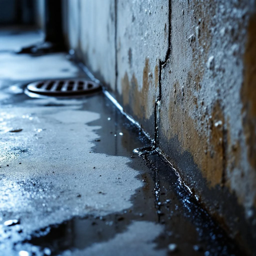 Infiltration d'eau dans une cave belge - filet d'eau traversant le mur necessitant un cuvelage