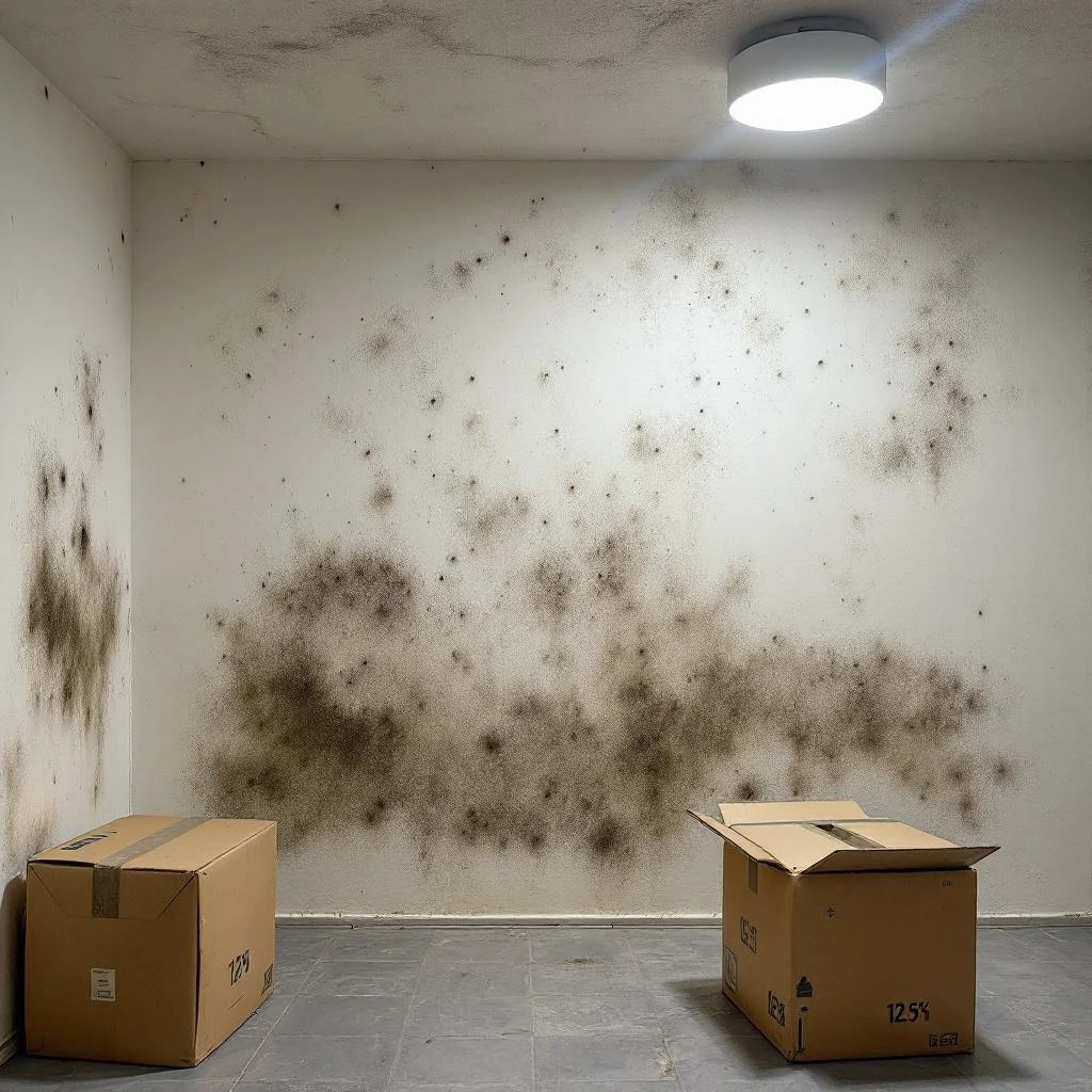 Moisissures sur un mur de cave belge - probleme d'humidite necessitant un traitement anti-moisissure