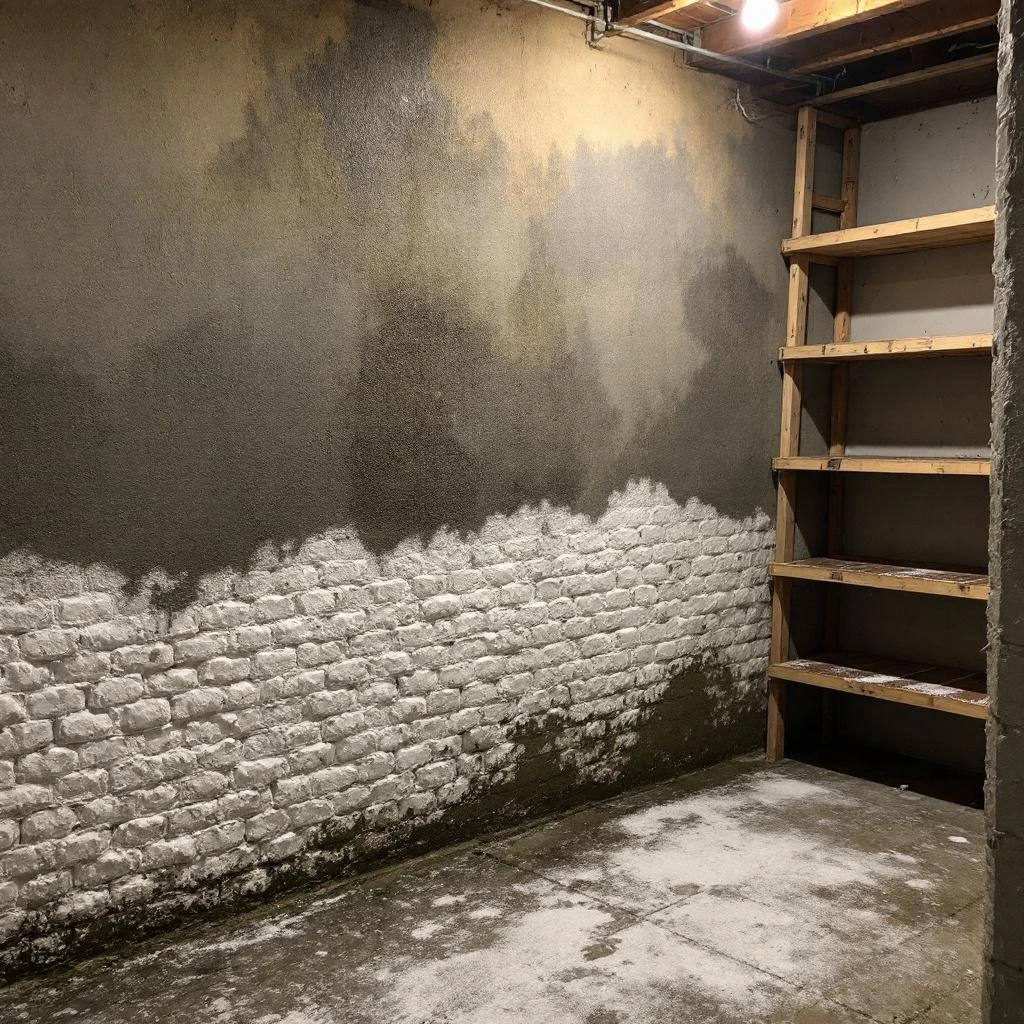 Salpetre et efflorescences blanches sur un mur de cave belge - signe d'humidite ascensionnelle